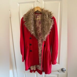 Free People Red Coat with detachable Faux Fur Collar